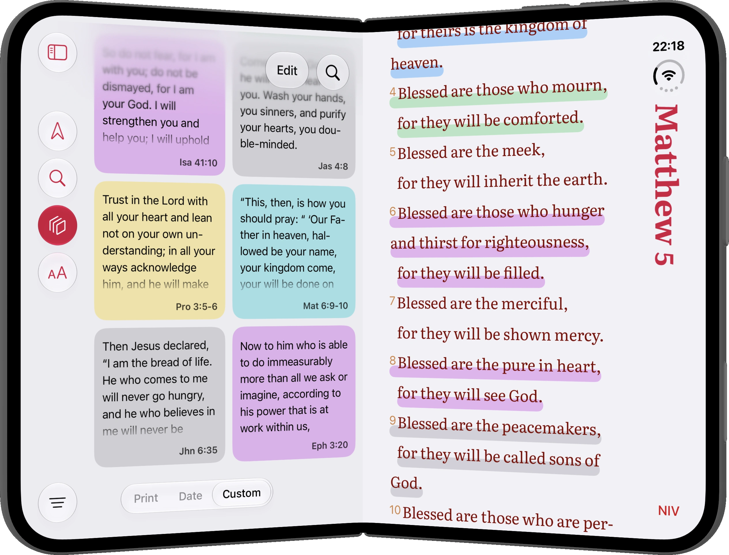 Half-folded iPhone Duo showing saved passages beside Matthew 5