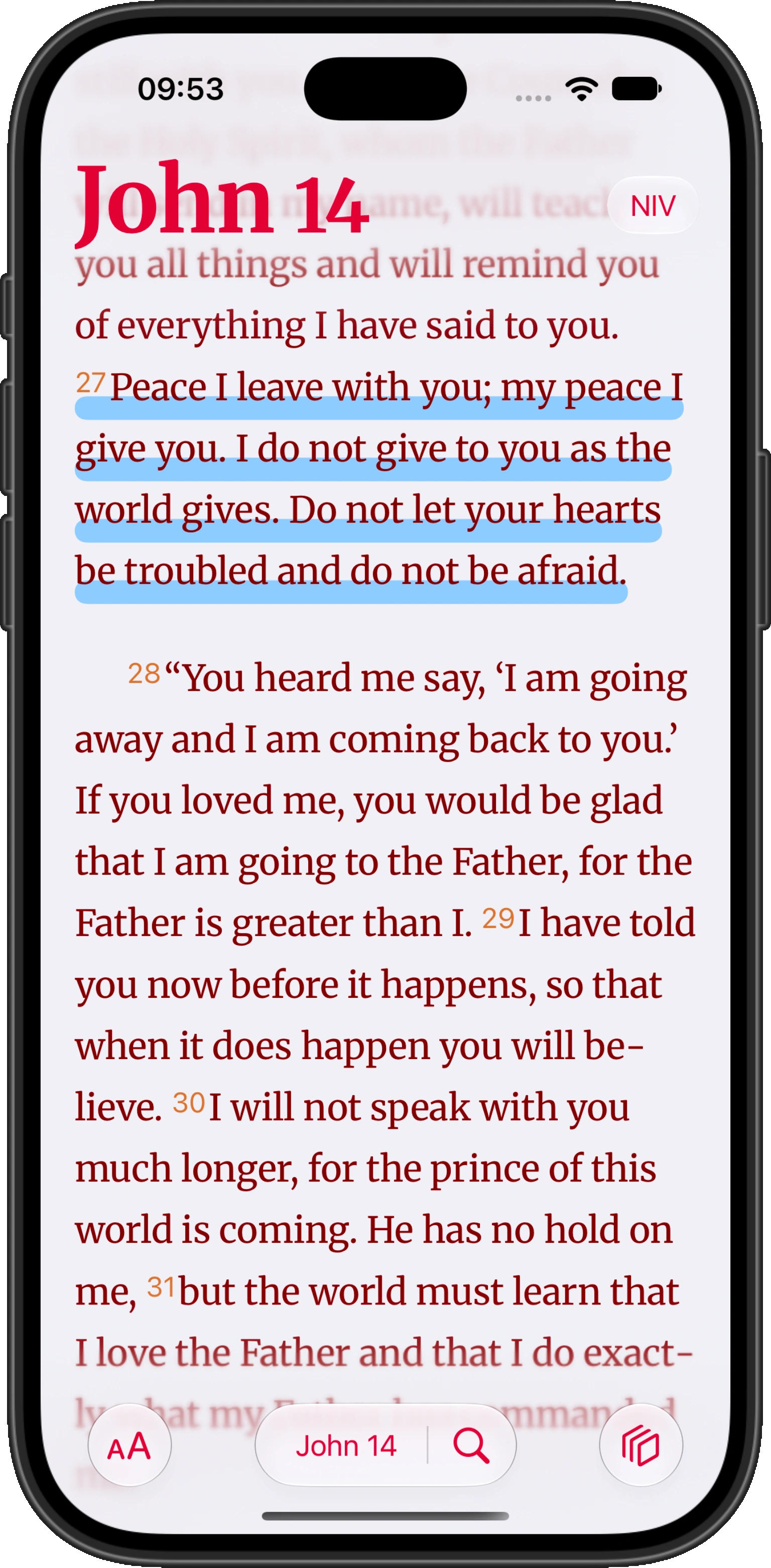 John 14:27 marked with a blue highlight